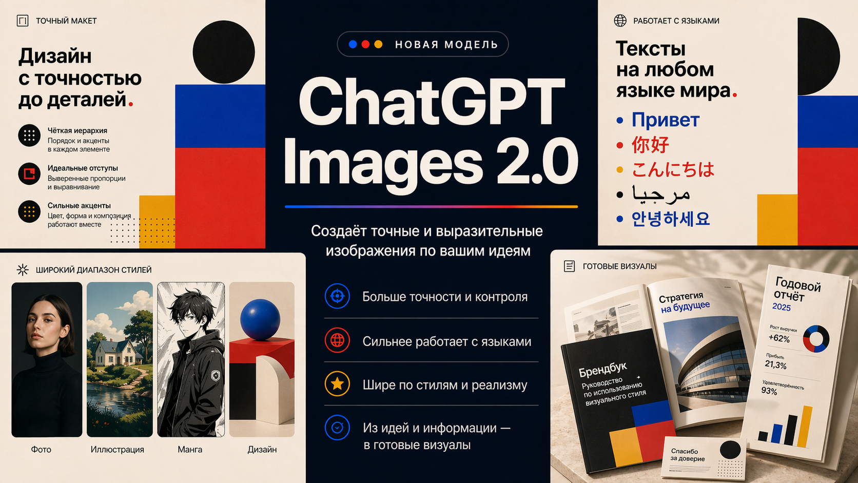 Баннер релиза ChatGPT Images 2.0 с акцентом на точность, языки, широкий диапазон стилей и готовые визуалы
